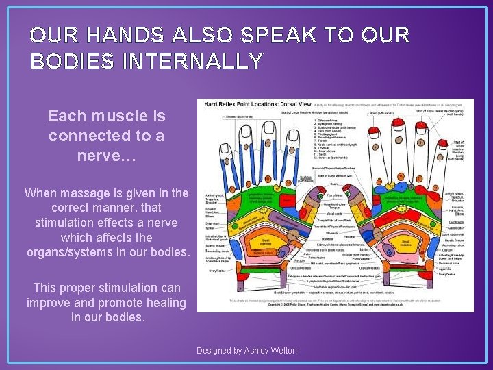 OUR HANDS ALSO SPEAK TO OUR BODIES INTERNALLY Each muscle is connected to a