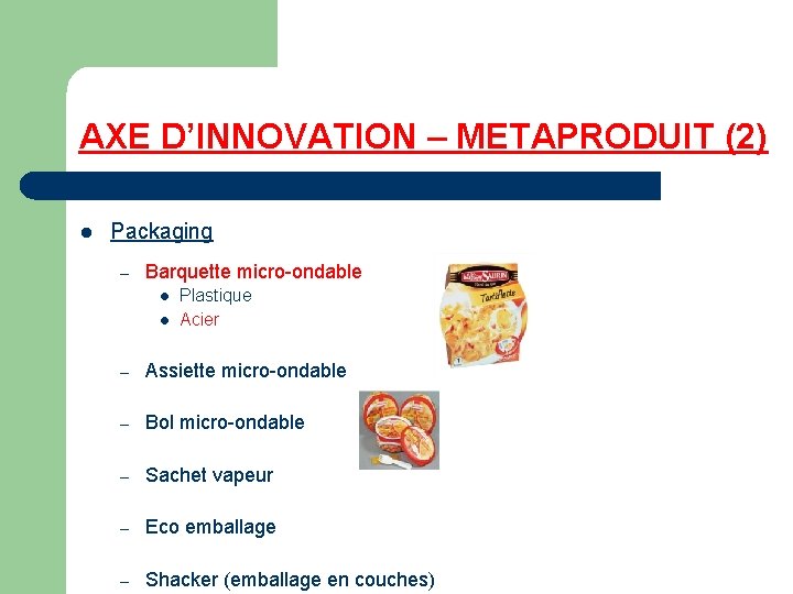 AXE D’INNOVATION – METAPRODUIT (2) l Packaging – Barquette micro-ondable l l Plastique Acier