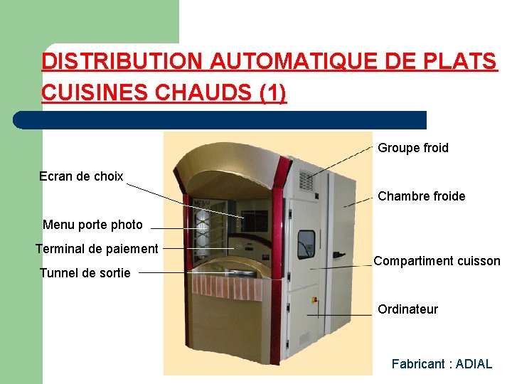 DISTRIBUTION AUTOMATIQUE DE PLATS CUISINES CHAUDS (1) Groupe froid Ecran de choix Chambre froide