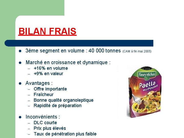 BILAN FRAIS l 3ème segment en volume : 40 000 tonnes (CAM à fin