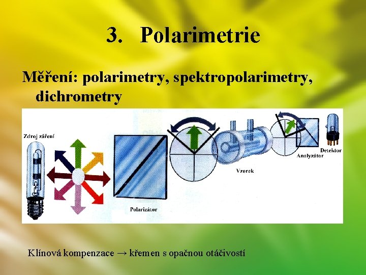 3. Polarimetrie Měření: polarimetry, spektropolarimetry, dichrometry Klínová kompenzace → křemen s opačnou otáčivostí 