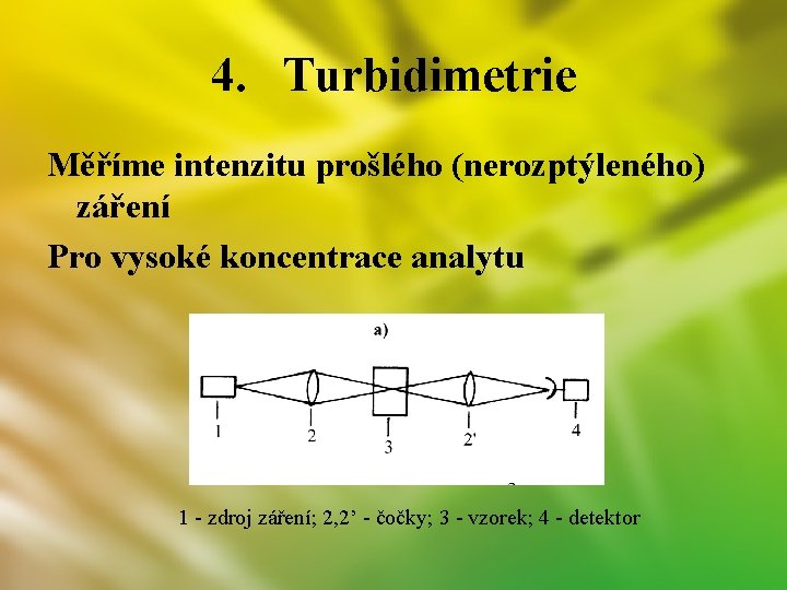 4. Turbidimetrie Měříme intenzitu prošlého (nerozptýleného) záření Pro vysoké koncentrace analytu 1 - zdroj