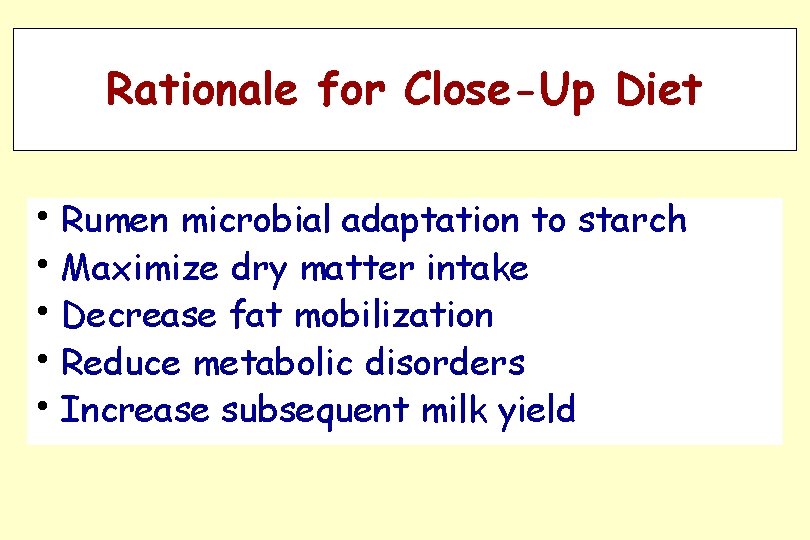 Rationale for Close-Up Diet • Rumen microbial adaptation to starch • Maximize dry matter