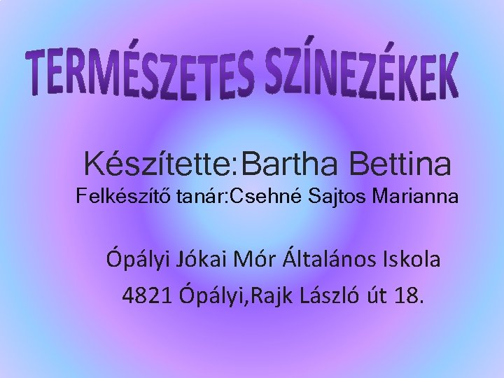 Készítette: Bartha Bettina Felkészítő tanár: Csehné Sajtos Marianna Ópályi Jókai Mór Általános Iskola 4821