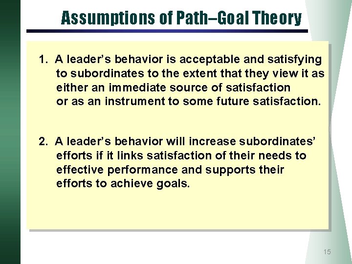 Assumptions of Path–Goal Theory 1. A leader’s behavior is acceptable and satisfying to subordinates