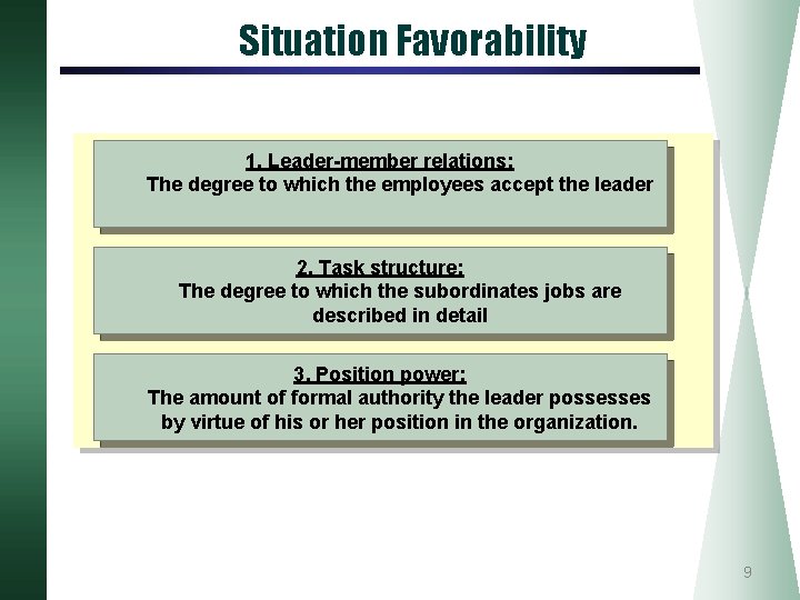 Situation Favorability 1. Leader-member relations: The degree to which the employees accept the leader