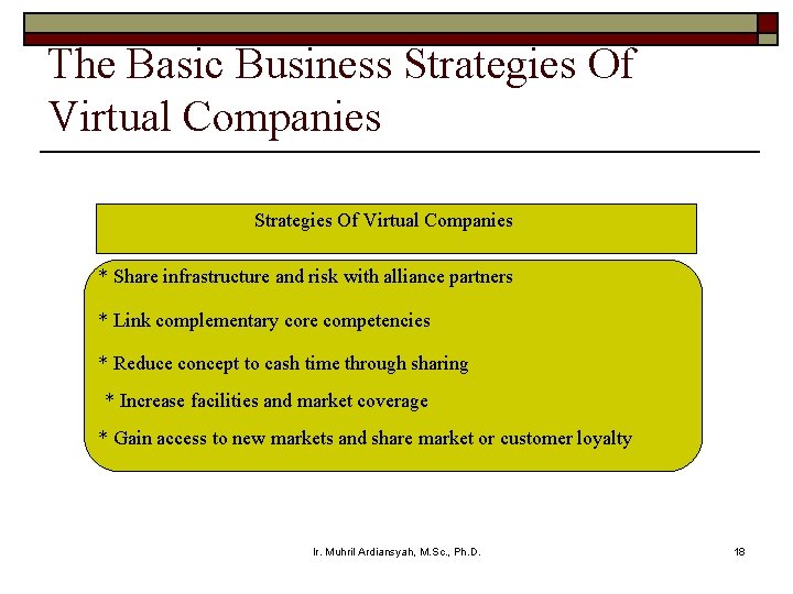 The Basic Business Strategies Of Virtual Companies * Share infrastructure and risk with alliance