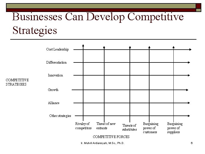 Businesses Can Develop Competitive Strategies Cost Leadership Differentiation Innovation COMPETITIVE STRATEGIES Growth Alliance Other