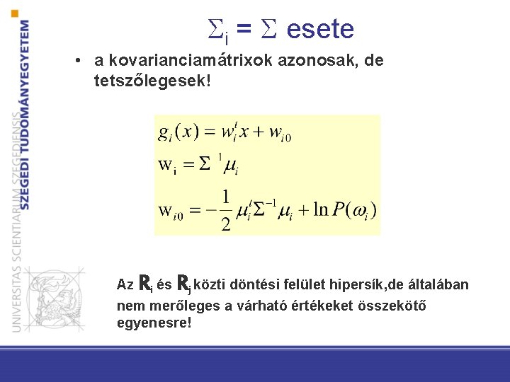  i = esete • a kovarianciamátrixok azonosak, de tetszőlegesek! Az Ri és Rj