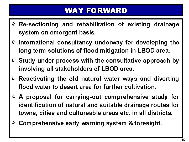 WAY FORWARD C Re-sectioning and rehabilitation of existing drainage system on emergent basis. C