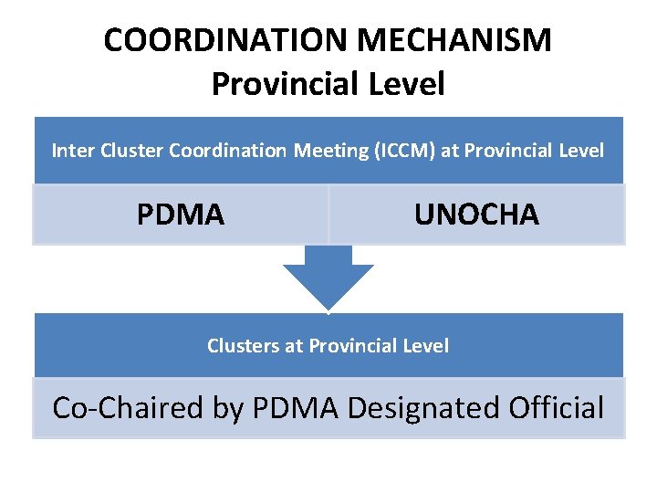 COORDINATION MECHANISM Provincial Level Inter Cluster Coordination Meeting (ICCM) at Provincial Level PDMA UNOCHA