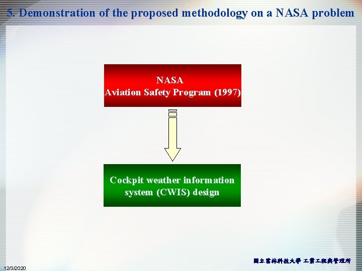 5. Demonstration of the proposed methodology on a NASA problem NASA Aviation Safety Program