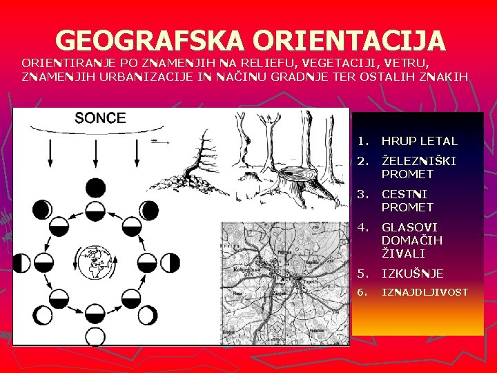 GEOGRAFSKA ORIENTACIJA ORIENTIRANJE PO ZNAMENJIH NA RELIEFU, VEGETACIJI, VETRU, ZNAMENJIH URBANIZACIJE IN NAČINU GRADNJE