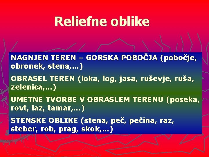 Reliefne oblike NAGNJEN TEREN – GORSKA POBOČJA (pobočje, obronek, stena, …) OBRASEL TEREN (loka,