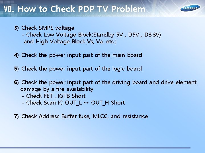 Ⅶ. How to Check PDP TV Problem 3) Check SMPS voltage - Check Low
