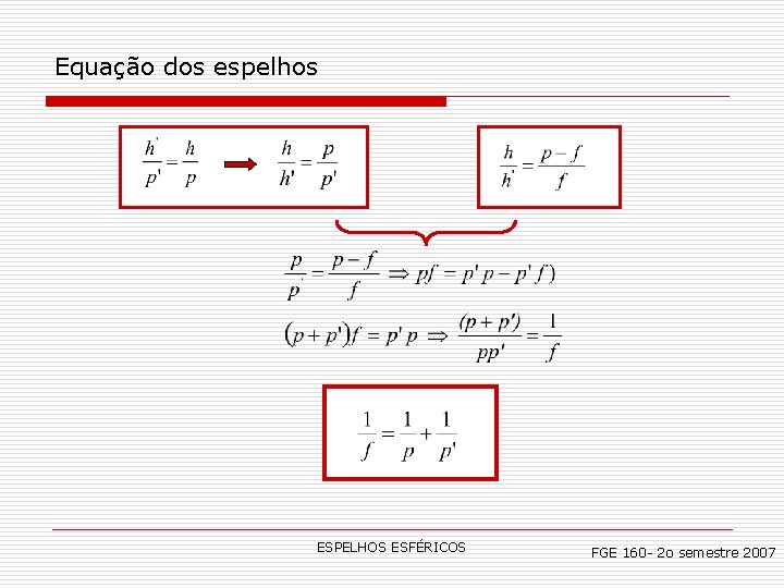 Equação dos espelhos ESPELHOS ESFÉRICOS FGE 160 - 2 o semestre 2007 