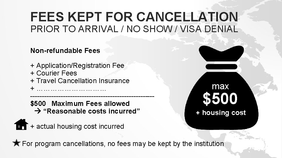 FEES KEPT FOR CANCELLATION PRIOR TO ARRIVAL / NO SHOW / VISA DENIAL Non-refundable