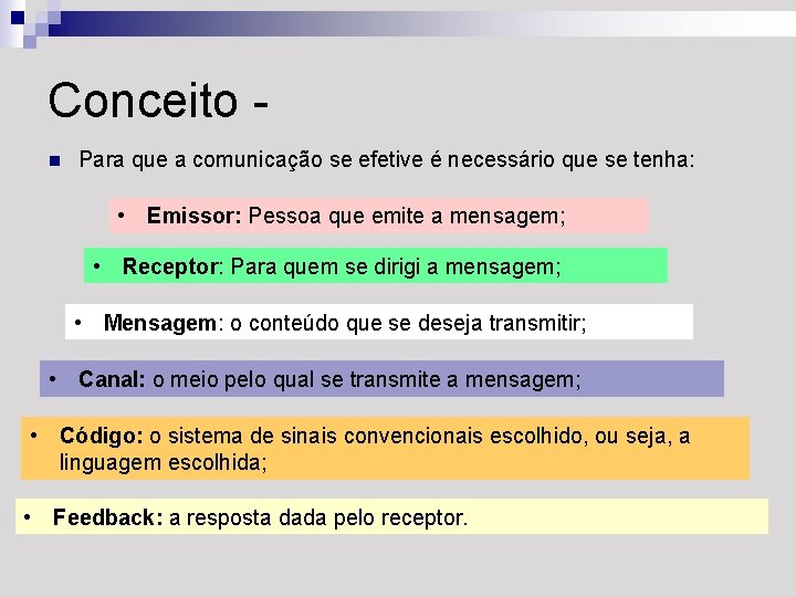 Conceito - n Para que a comunicação se efetive é necessário que se tenha: