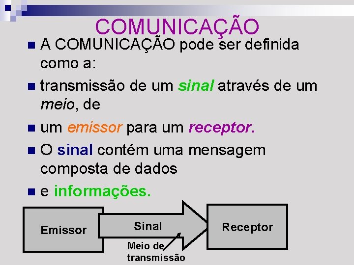 COMUNICAÇÃO A COMUNICAÇÃO pode ser definida como a: n transmissão de um sinal através