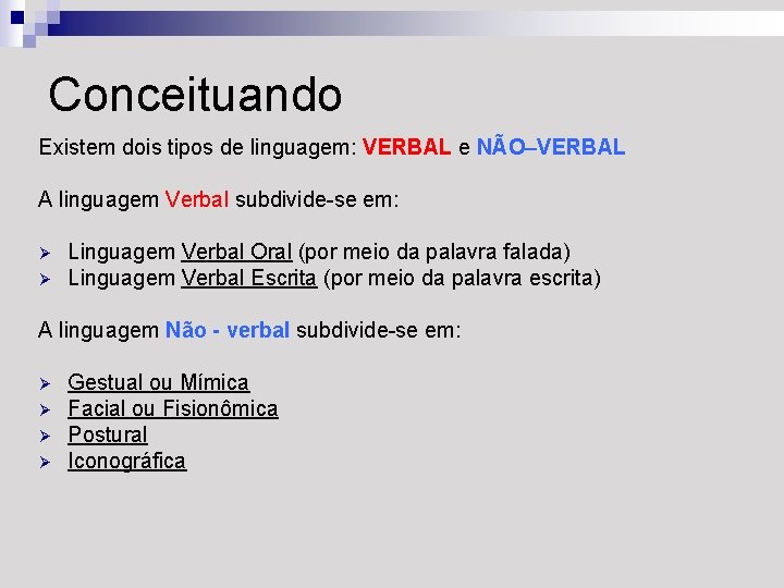 Conceituando Existem dois tipos de linguagem: VERBAL e NÃO–VERBAL A linguagem Verbal subdivide-se em: