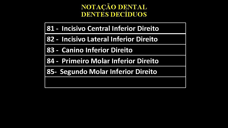 NOTAÇÃO DENTAL DENTES DECÍDUOS 81 - Incisivo Central Inferior Direito 82 - Incisivo Lateral
