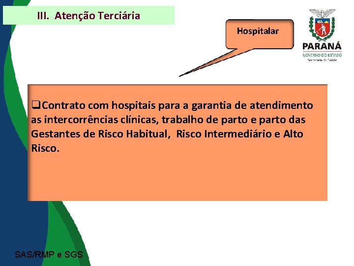 III. Atenção Terciária Hospitalar Contrato com hospitais para a garantia de atendimento as intercorrências