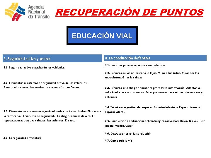 RECUPERACIÒN DE PUNTOS EDUCACIÓN VIAL 3. Seguridad activa y pasiva 3. 1. Seguridad activa