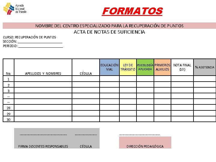 FORMATOS NOMBRE DEL CENTRO ESPECIALIZADO PARA LA RECUPERACIÓN DE PUNTOS CURSO: RECUPERACIÓN DE PUNTOS