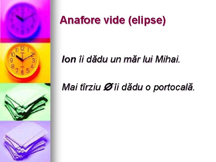 Anafore vide (elipse) Ion îi dădu un măr lui Mihai. Mai tîrziu îi dădu