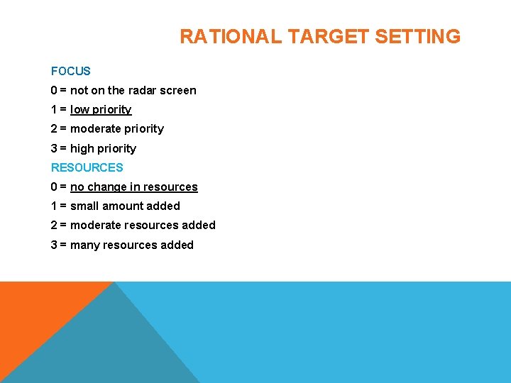 RATIONAL TARGET SETTING FOCUS 0 = not on the radar screen 1 = low RATIONAL TARGET SETTING FOCUS 0 = not on the radar screen 1 = low