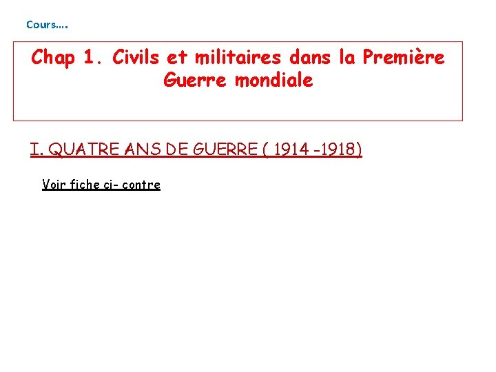 Cours…. Chap 1. Civils et militaires dans la Première Guerre mondiale I. QUATRE ANS