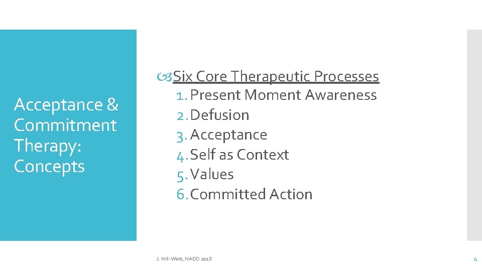 Acceptance & Commitment Therapy: Concepts Six Core Therapeutic Processes 1. Present Moment Awareness 2. Acceptance & Commitment Therapy: Concepts Six Core Therapeutic Processes 1. Present Moment Awareness 2.