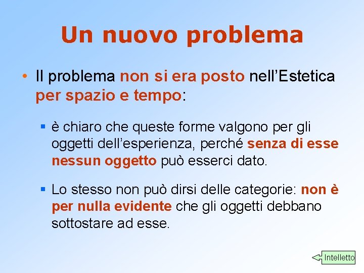 Un nuovo problema • Il problema non si era posto nell’Estetica per spazio e