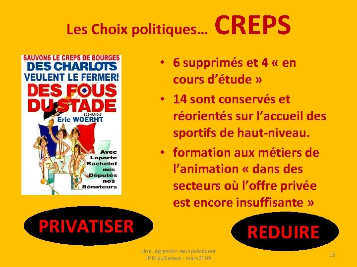 Les Choix politiques… CREPS • 6 supprimés et 4 « en cours d’étude »