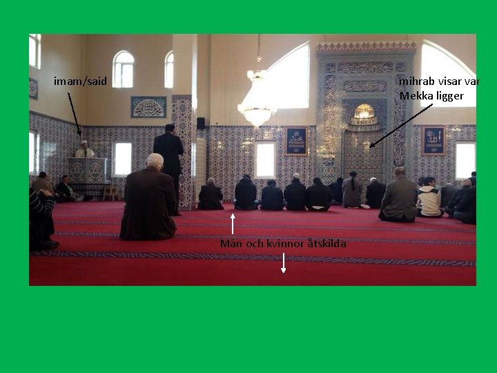 mihrab visar var Mekka ligger imam/said Män och kvinnor åtskilda 