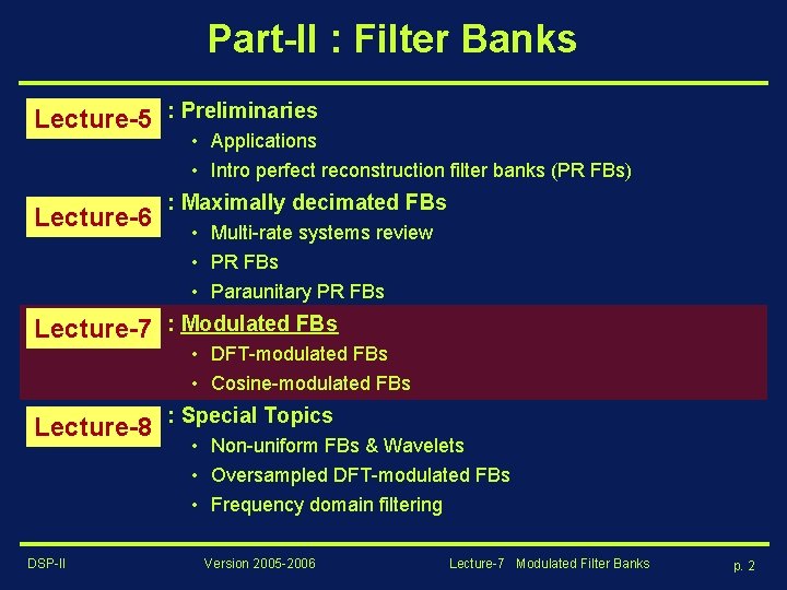 Part-II : Filter Banks Lecture-5 : Preliminaries • Applications • Intro perfect reconstruction filter
