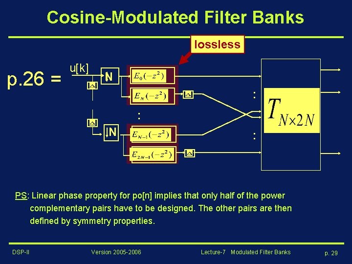 Cosine-Modulated Filter Banks lossless p. 26 = u[k] N : : N : PS: