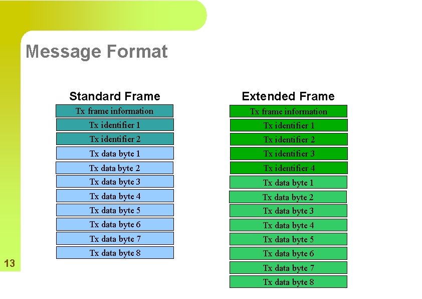 Message Format 13 Standard Frame Extended Frame Tx frame information Tx identifier 1 Tx
