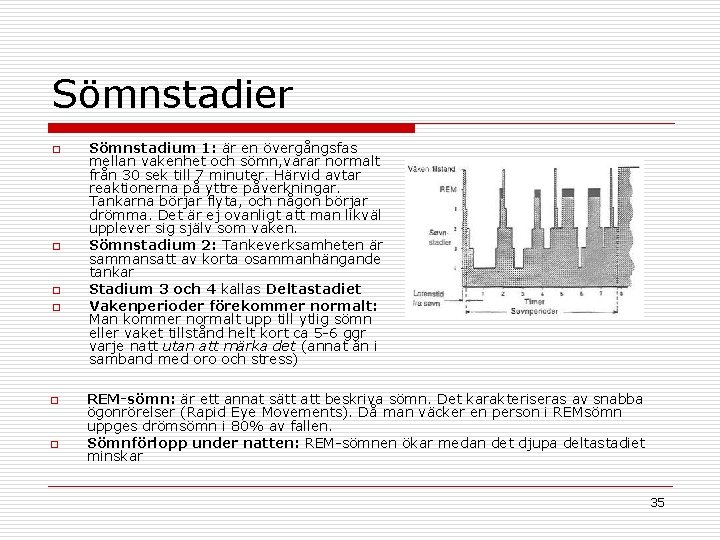 Sömnstadier o o o Sömnstadium 1: är en övergångsfas mellan vakenhet och sömn, varar