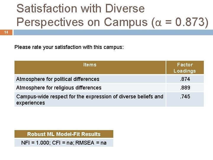 Satisfaction with Diverse Perspectives on Campus (α = 0. 873) 14 Please rate your Satisfaction with Diverse Perspectives on Campus (α = 0. 873) 14 Please rate your