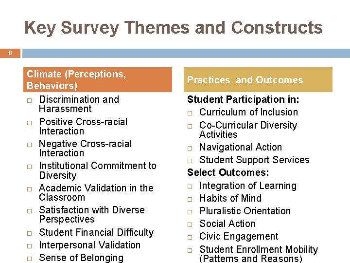 Key Survey Themes and Constructs 8 Climate (Perceptions, Behaviors) Discrimination and Harassment Positive Cross-racial Key Survey Themes and Constructs 8 Climate (Perceptions, Behaviors) Discrimination and Harassment Positive Cross-racial