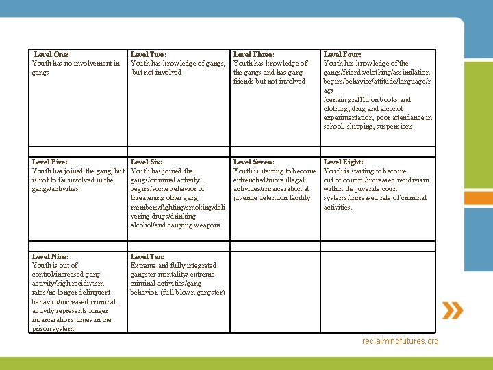 Level One: Youth has no involvement in gangs Level Two: Youth has knowledge of