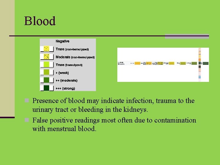 Blood n Presence of blood may indicate infection, trauma to the urinary tract or