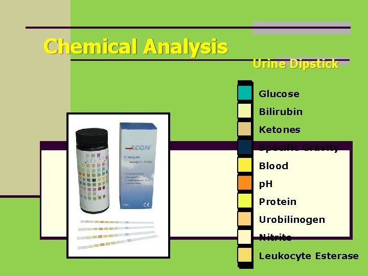 Chemical Analysis Urine Dipstick Glucose Bilirubin Ketones Specific Gravity Blood p. H Protein Urobilinogen