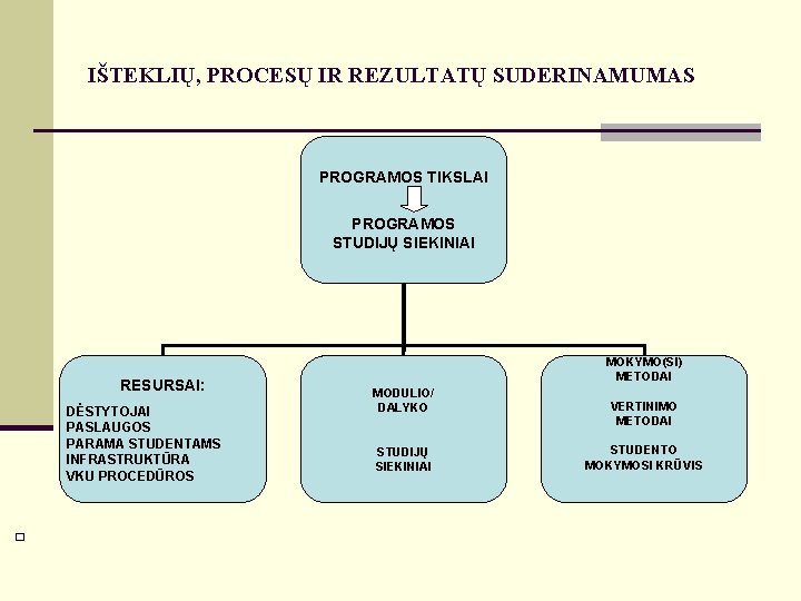 IŠTEKLIŲ, PROCESŲ IR REZULTATŲ SUDERINAMUMAS PROGRAMOS TIKSLAI PROGRAMOS STUDIJŲ SIEKINIAI RESURSAI: DĖSTYTOJAI PASLAUGOS PARAMA