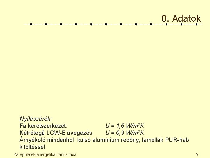 0. Adatok Nyílászárók: Fa keretszerkezet: U = 1, 6 W/m 2 K Kétrétegű LOW-E