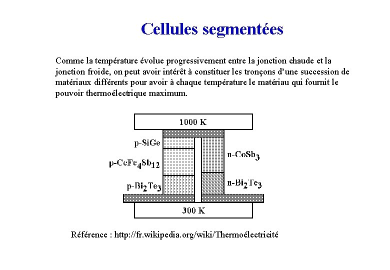 Cellules segmentées Comme la température évolue progressivement entre la jonction chaude et la jonction