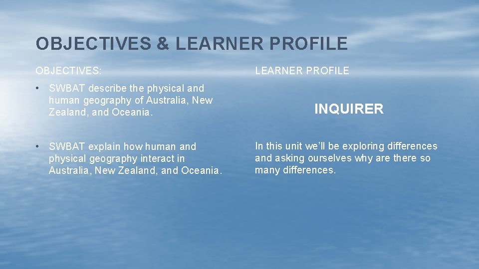 OBJECTIVES & LEARNER PROFILE OBJECTIVES: • SWBAT describe the physical and human geography of