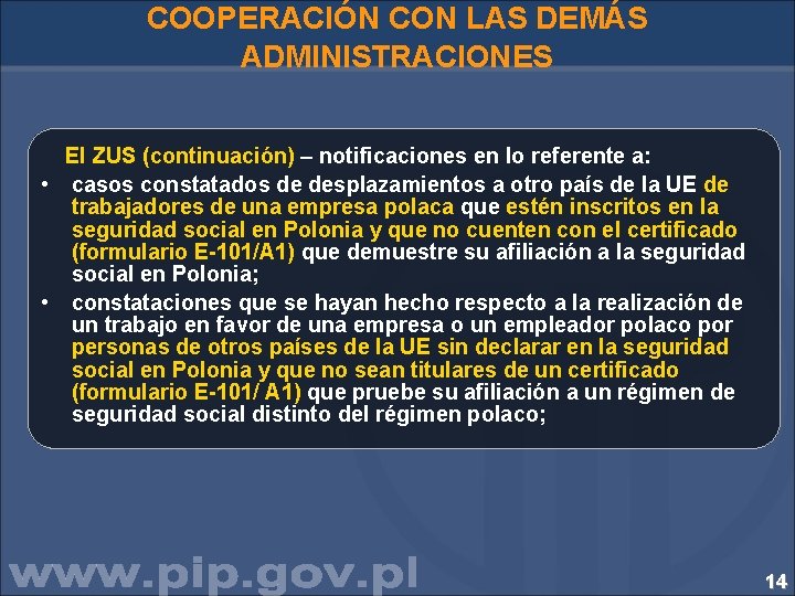 COOPERACIÓN CON LAS DEMÁS ADMINISTRACIONES El ZUS (continuación) – notificaciones en lo referente a: