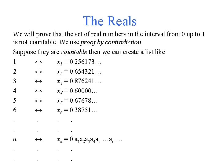 The Reals We will prove that the set of real numbers in the interval